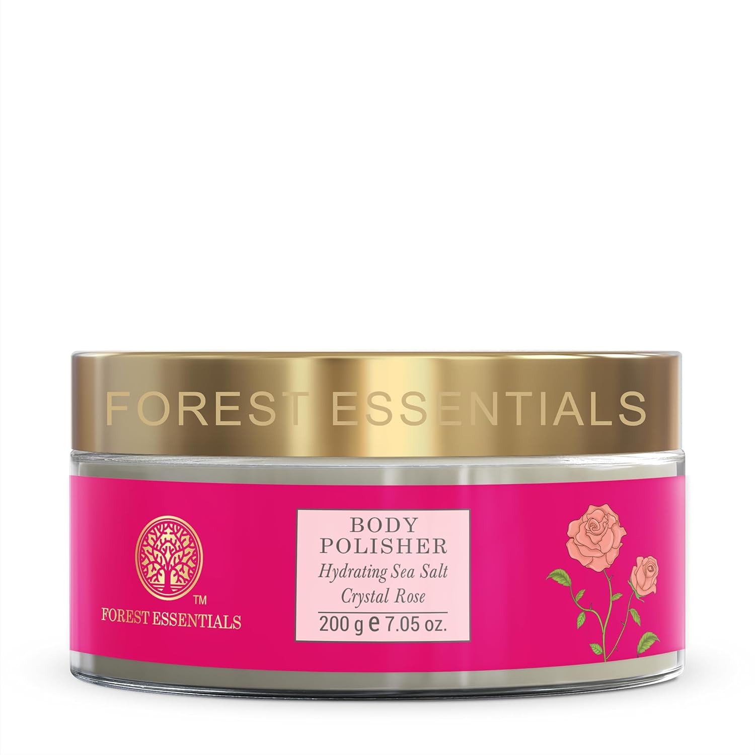 Pink jar of Forest Essentials Body Polisher with gold lid on a white background