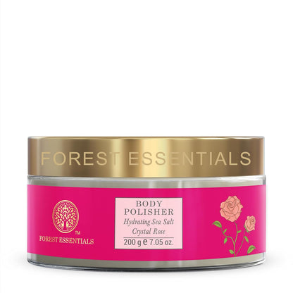 Pink jar of Forest Essentials Body Polisher with gold lid on a white background