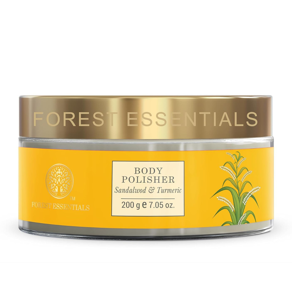 Forest Essentials body polisher jar with yellow label and gold lid on a white background