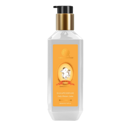 White bottle with gold pump and orange label on a white background
