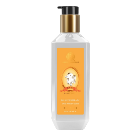 White bottle with gold pump and orange label on a white background
