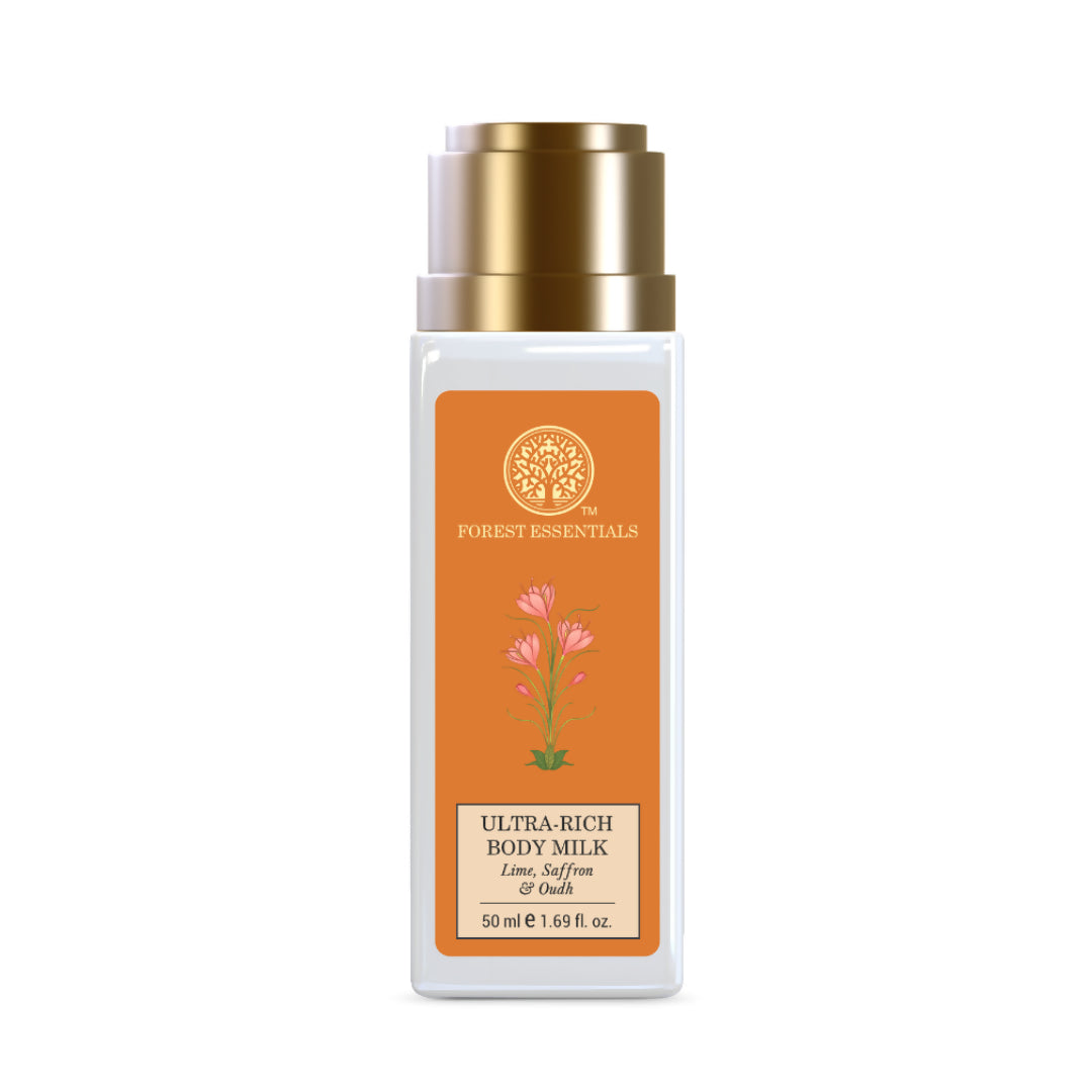 Forest Essentials Ultra-Rich Body Milk bottle with gold cap on a white background