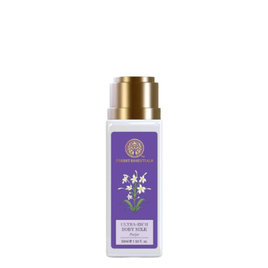 Body milk bottle with purple label and gold cap on white background
