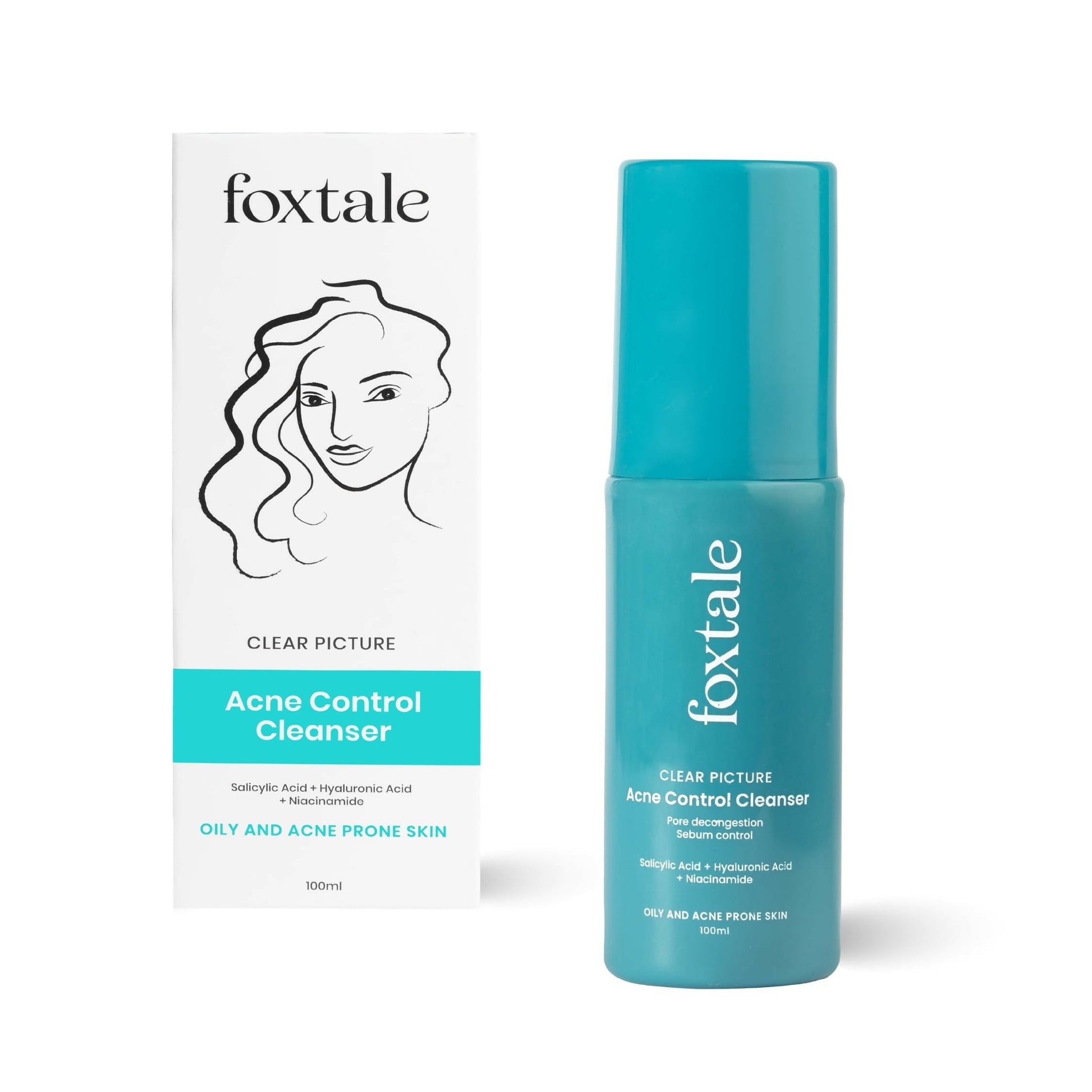 Foxtale Acne Control Cleanser bottle and packaging on a white background