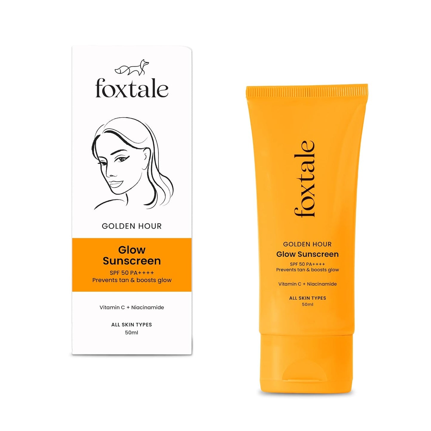 Foxtale Golden Hour Glow Sunscreen packaging and tube on a white background