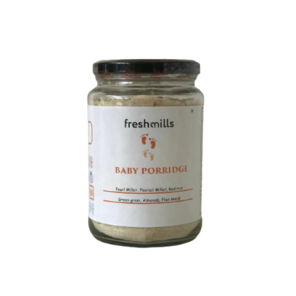 Jar of freshmills baby porridge on a white background