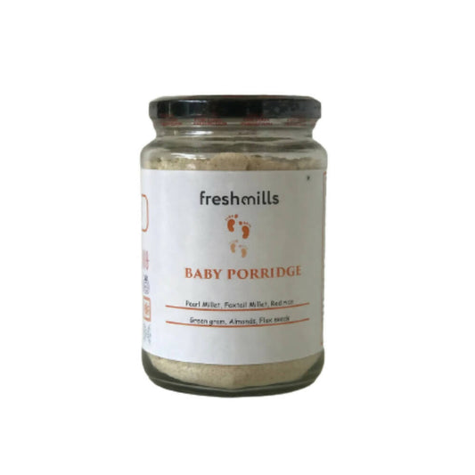 Jar of freshmills baby porridge on a white background