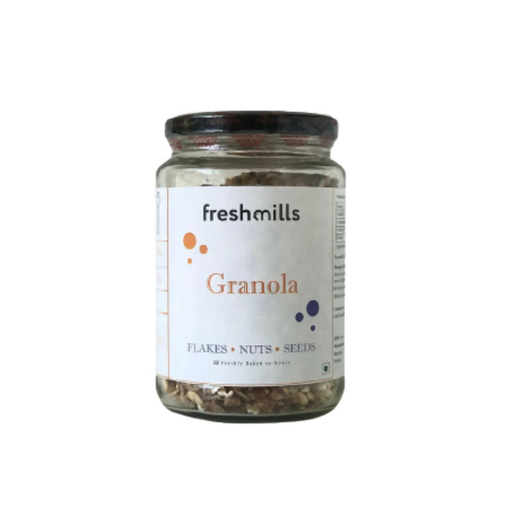 Jar of freshmills granola on a white background