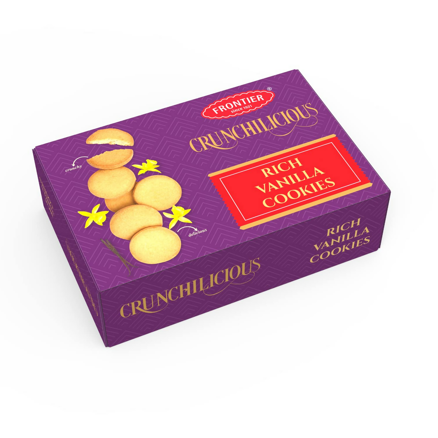 Box of Frontier Crunchilicious Rich Vanilla Cookies on a white background
