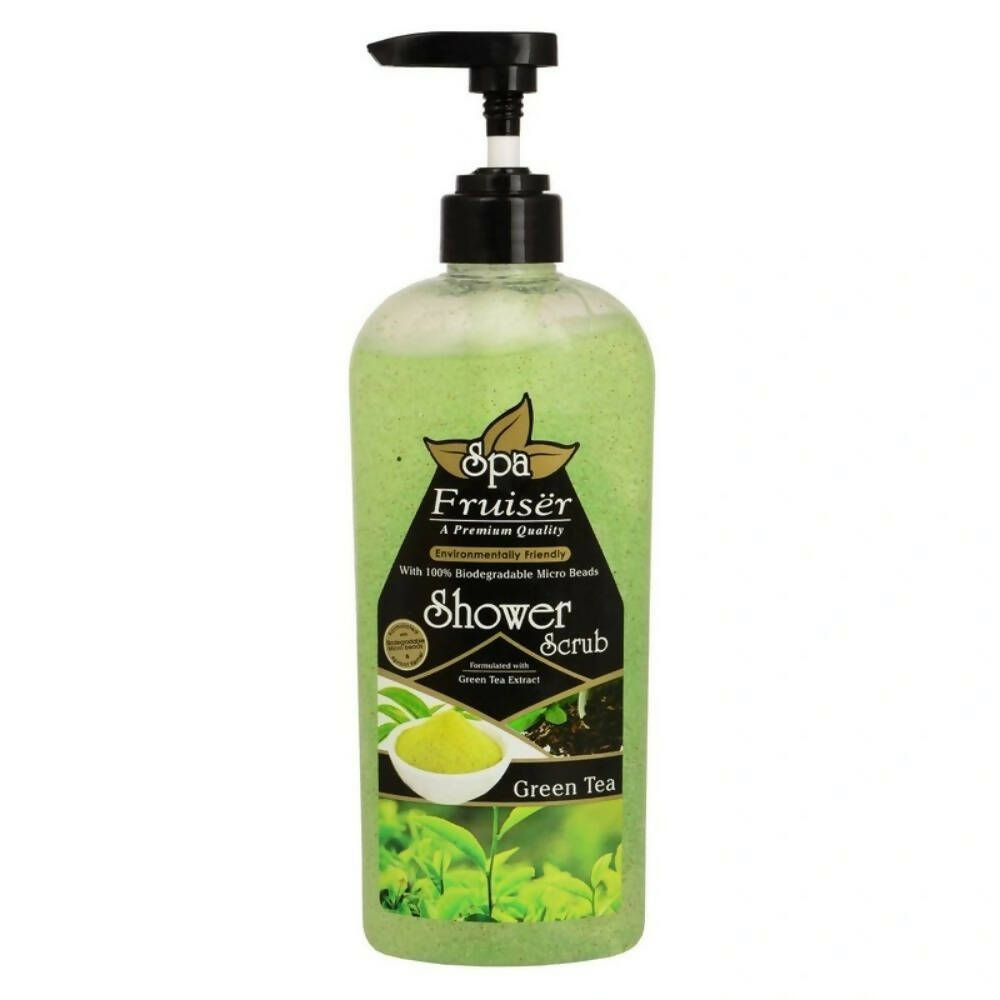 Bottle of Spa Fruiser Green Tea Shower Scrub on a white background