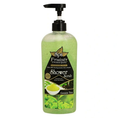 Bottle of Spa Fruiser Green Tea Shower Scrub on a white background