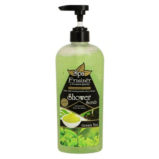 Bottle of Spa Fruiser Green Tea Shower Scrub on a white background