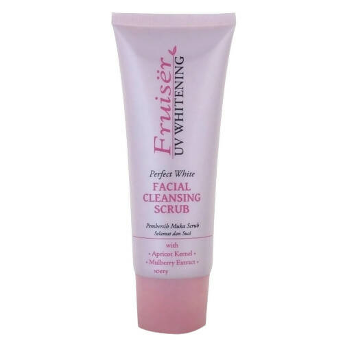 Facial cleansing scrub tube with pink and white packaging on a white background