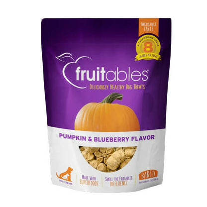 Package of Fruitables pumpkin and blueberry flavor dog treats on a white background