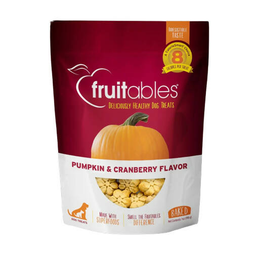 Fruitables pumpkin and cranberry flavor dog treats packaging on a white background