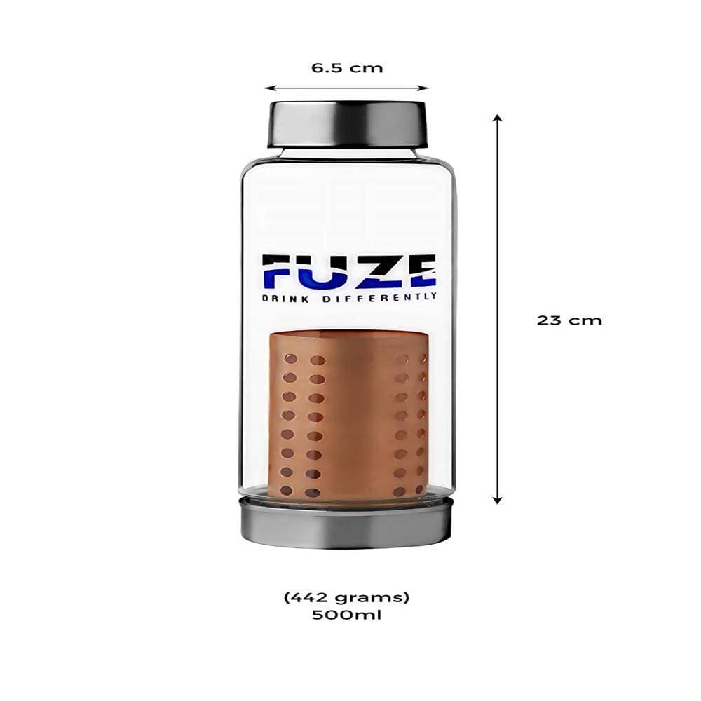Glass water bottle with brown rubber sleeve and metal cap, featuring 'FUZE' branding and measurements.