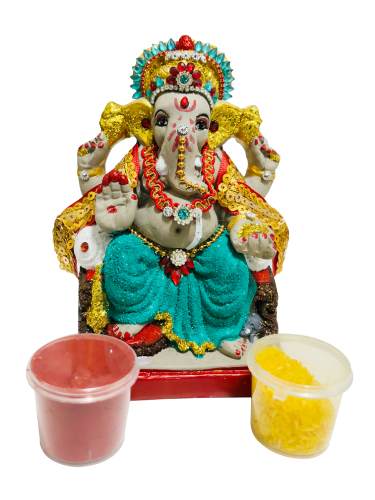 Eco-Friendly Ganesh Idol Small (Non-Toxic Colors) With Kumkum & Akshat - Limited Time Offer