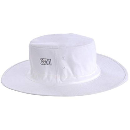 White bucket hat with a logo on a white background