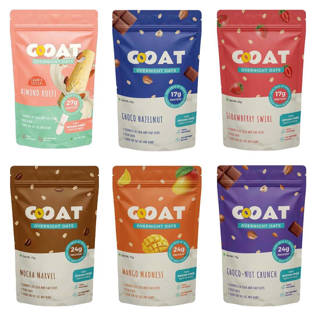 GOAT Life Overnight Oats 420g (Pack of 6) | Assorted High Protein (24g, 17g) | Fibre-Rich,Gluten-Free, No Added Sugar | Instant Breakfast | Supports Weight Management & Muscle Recovery | Healthy Meal