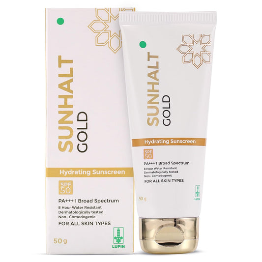 GOLD Sunscreen SPF 50 PA+++ for UV Broad Spectrum Protection, Hydrating Gel With Aloe Vera, No White Cast, Water Resistant, Dermatologically Tested, For Men and Women, All Skin Types, 50g.