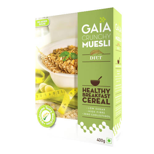 Box of Gaia Crunchy Muesli Diet Breakfast Cereal with green and white design