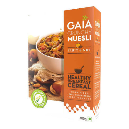 Box of Gaia Crunchy Muesli Fruit & Nut cereal with a bowl of muesli on a white background