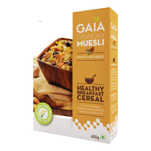 Gaia Crunchy Muesli packaging with a bowl of muesli on a white background