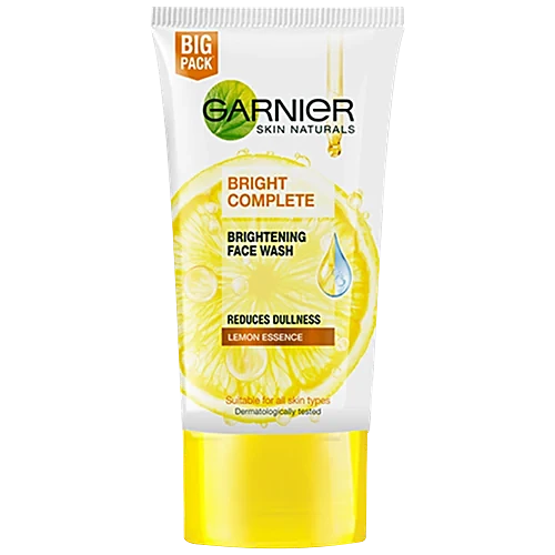 Garnier Bright Complete Brightening Facewash with Lemon Essence, in a white tube with yellow accents and lemon images, indicating the key ingredient and brightening property.