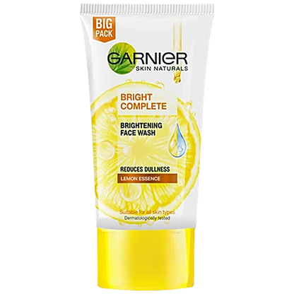 Garnier Bright Complete Brightening Facewash with Lemon Essence, in a white tube with yellow accents and lemon images, indicating the key ingredient and brightening property.