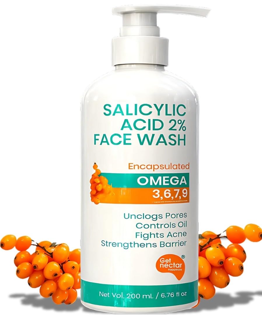 Get Nectar Happiness Korean Glow Essence Face Wash for Oily & Acne-Prone Skin | 2% Salicylic Acid | Encapsulated | Omega 3,6,7,9 | Unclogs Pores, Controls Oil, Fights Acne, Soothes Redness 200ml