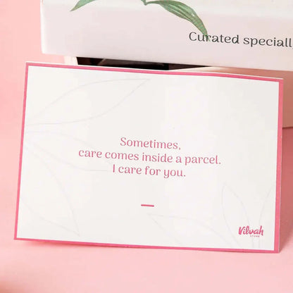 Card with a message on a pink background, featuring the brand 'Vilvah'.