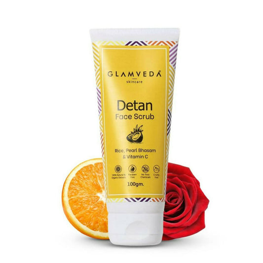Glamveda Detan Face Scrub tube with an orange and rose on a white background