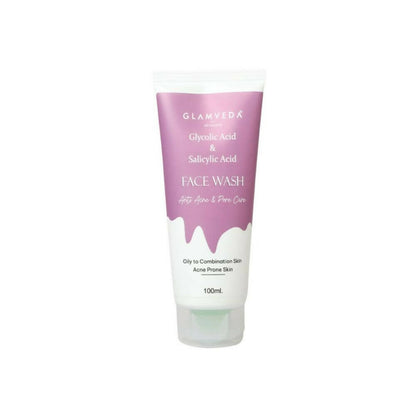 Glamveda face wash tube with pink and white design on a white background