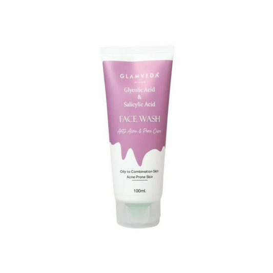 Glamveda face wash tube with pink and white design on a white background