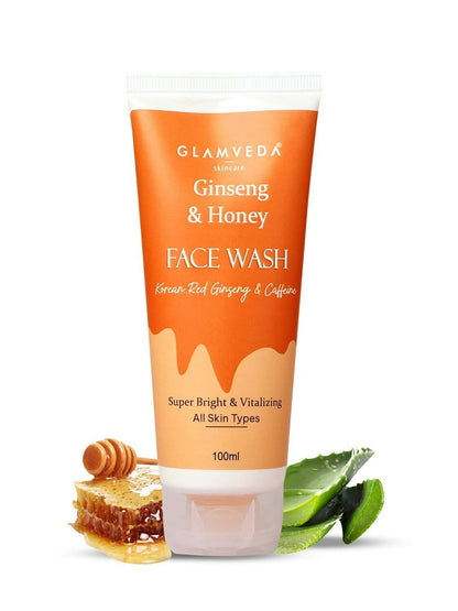 Glamveda Ginseng & Honey Face Wash tube with honeycomb and green leaf on a white background