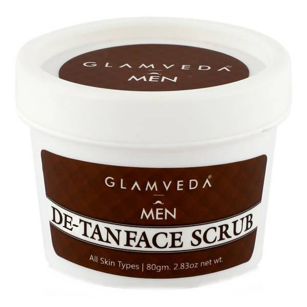 Glamveda Men De-Tan Face Scrub container on a white background