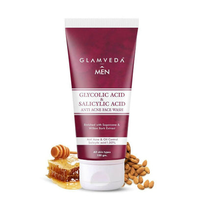 Glycolic Acid & Salicylic Acid Anti Acne Face Wash by Glamveda on a white background with honeycomb and almonds.