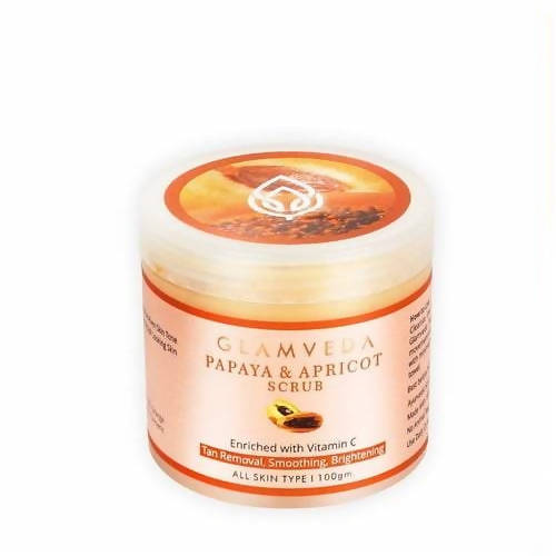 Jar of Glamveera Papaya & Apricot Scrub on a white background
