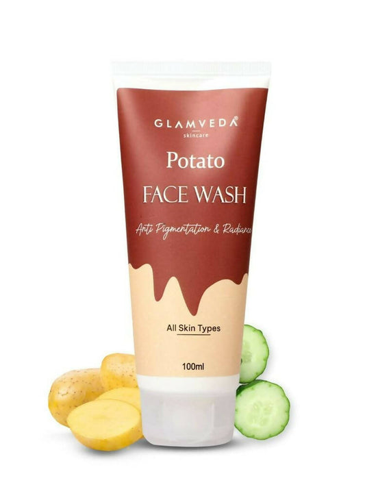 Tube of Glamveda Potato Face Wash with ingredients on a white background