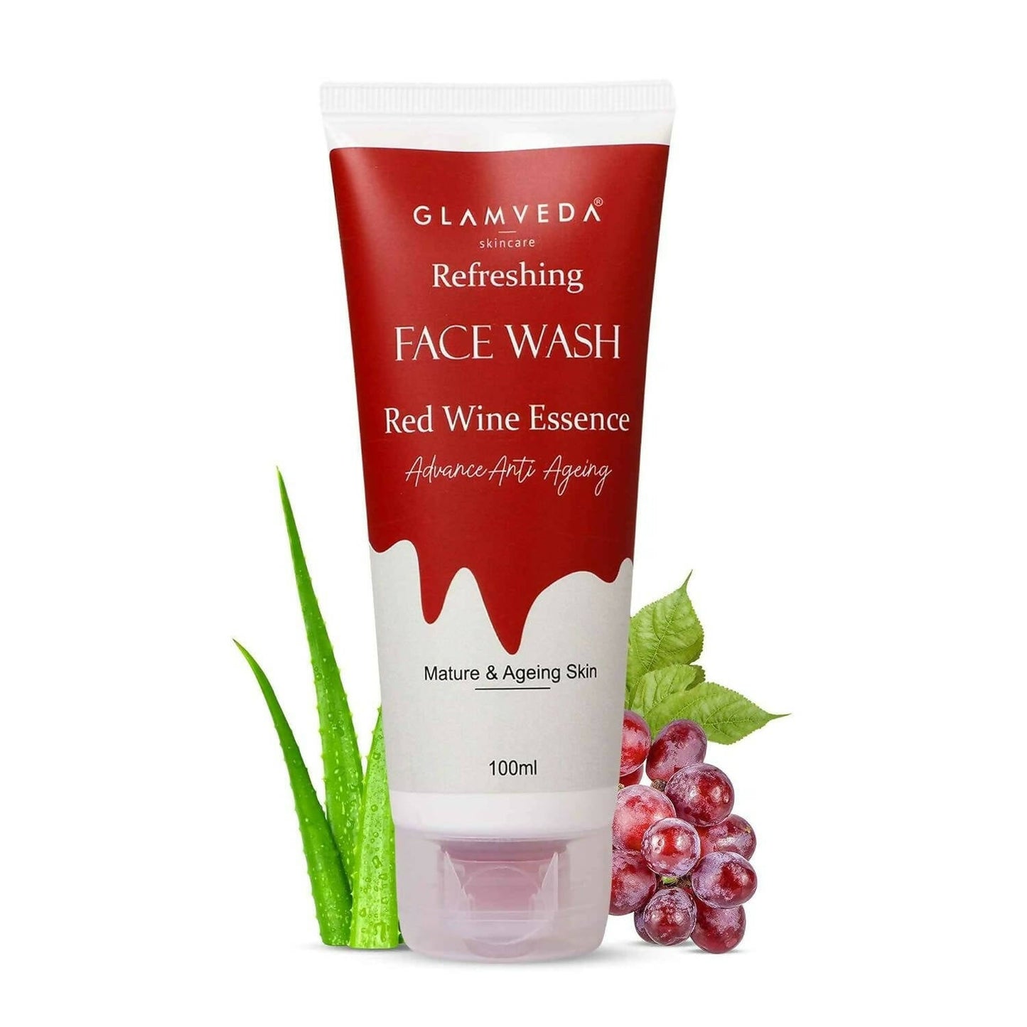 Glamveda Red Wine Essence Face Wash tube with aloe vera and grapes on a white background