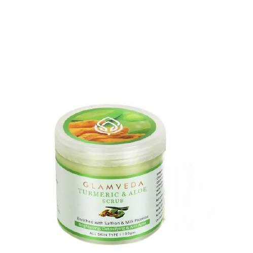 Jar of Glamveda Turmeric & Aloe Scrub on a white background