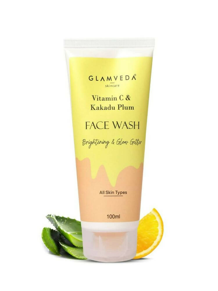 Glamveda Vitamin C & Kakadu Plum Face Wash tube with aloe vera and orange on a white background