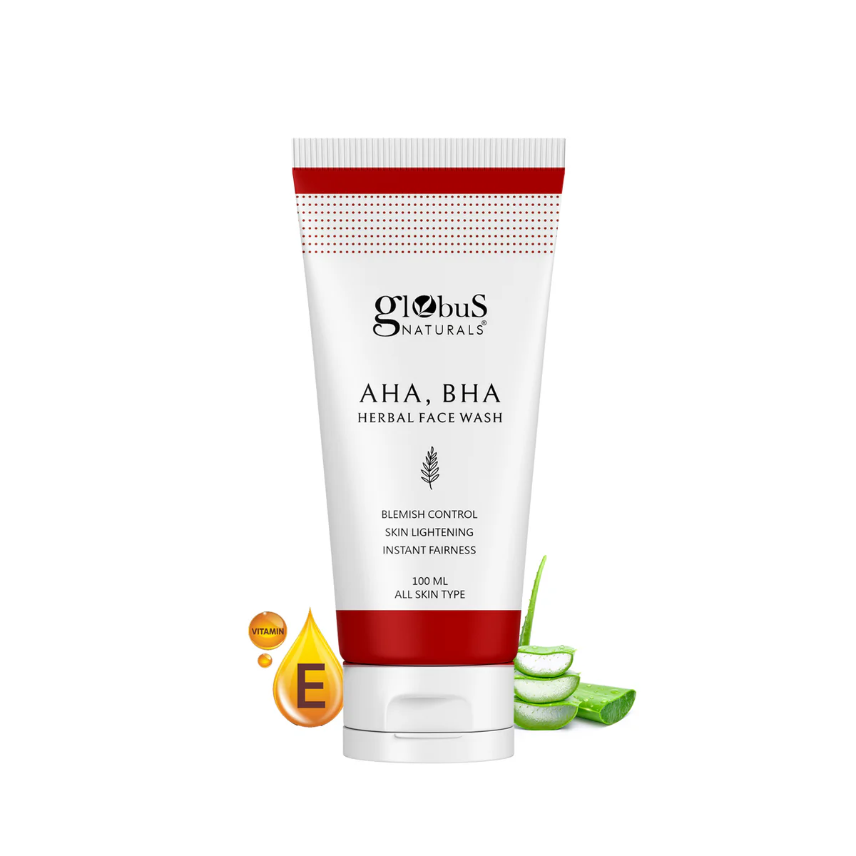 Globus Naturals AHA, BHA Herbal Face Wash tube on a white background