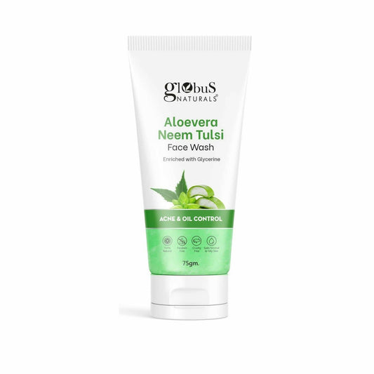 Tube of Globus Naturals Aloevera Neem Tulsi Face Wash on a white background