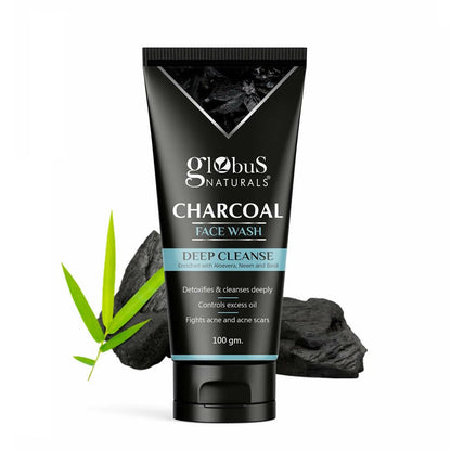 Globus Naturals Charcoal Face Wash tube with活性炭 and bamboo leaf on a white background