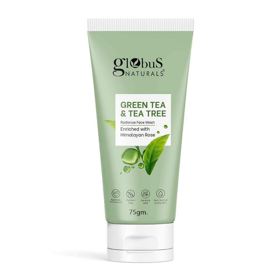 Green tea and tea tree face wash tube with Globus Naturals branding on a white background