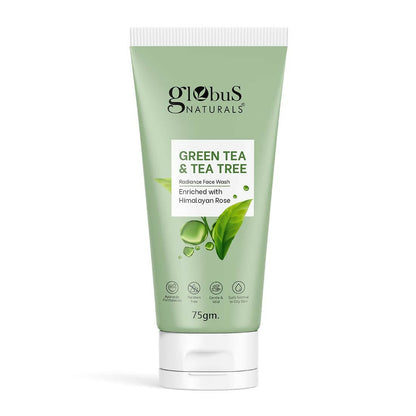 Green tea and tea tree face wash tube with Globus Naturals branding on a white background