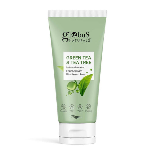 Green tea and tea tree face wash tube with Globus Naturals branding on a white background