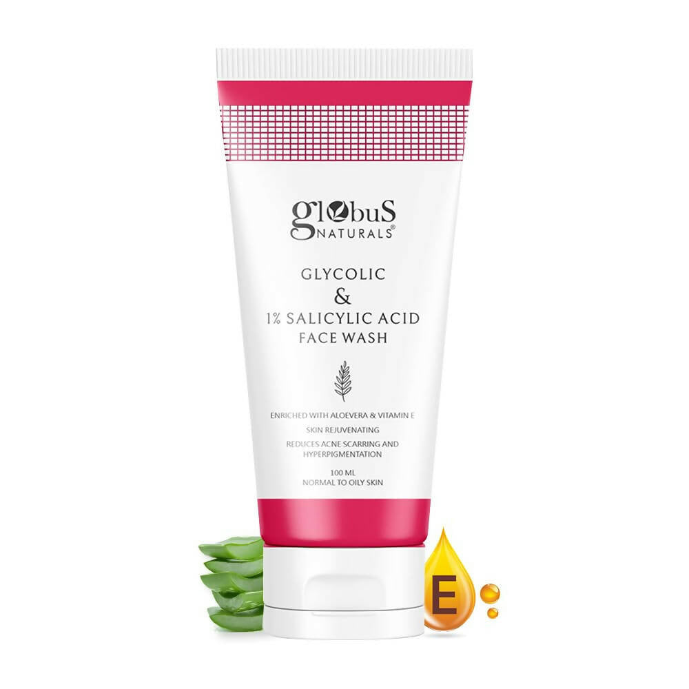 Globus Naturals Glycolic & Salicylic Acid Face Wash with aloe vera and vitamin E on a white background