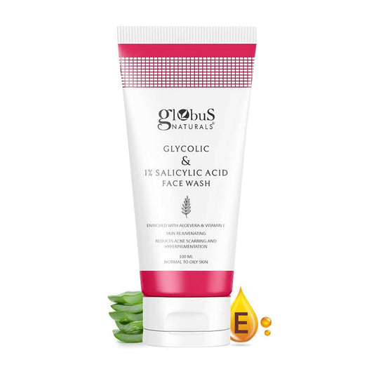 Globus Naturals Glycolic & Salicylic Acid Face Wash with aloe vera and vitamin E on a white background